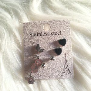 NWT 3 Pairs Stainless Steel Stud Earring Silver